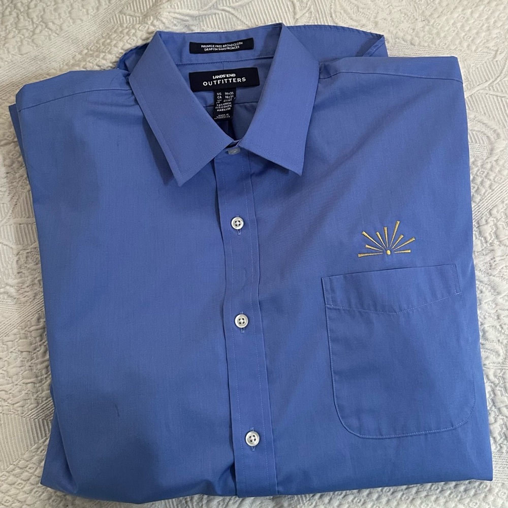 LANDS' END DRESS SHIRT 16” Neck‎ Blue Preppy Yellow Logo Normcore Fitted 16X35”